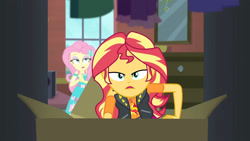 Size: 3410x1920 | Tagged: safe, derpibooru import, screencap, fluttershy, sunset shimmer, costume conundrum, costume conundrum: sunset shimmer, equestria girls, equestria girls series, spoiler:eqg series (season 2), clothes, cutie mark, cutie mark on clothes, female, geode of empathy, geode of fauna, hairpin, jacket, jewelry, leather, leather jacket, lidded eyes, magical geodes, necklace, open mouth