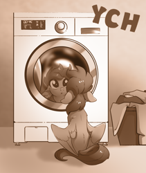 Size: 860x1021 | Tagged: safe, artist:28gooddays, derpibooru import, pegasus, pony, ears, floppy ears, monochrome, reflection, solo, washing machine, ych example, ych sketch, your character here