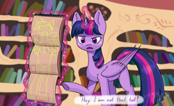 Size: 2868x1752 | Tagged: safe, artist:kiselan, derpibooru import, twilight sparkle, twilight sparkle (alicorn), alicorn, pony, testing testing 1-2-3, book, golden oaks library, scene interpretation, solo