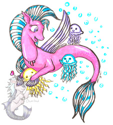 Size: 828x914 | Tagged: safe, artist:missoverlord, derpibooru import, edit, silverstream, jellyfish, seapony (g4), blue mane, bubble, dorsal fin, female, fin wings, fins, fish tail, flowing mane, heart, jewelry, logo, logo edit, necklace, open mouth, purple eyes, seapony silverstream, signature, simple background, smiling, solo, tail, wings