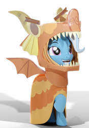 Size: 3240x4641 | Tagged: safe, artist:xppp1n, trixie, pony, unicorn, 3d, blender, blender cycles, dragon costume, female, mare, open mouth, raised hoof, raised leg, scene interpretation, simple background, smiling, solo, transparent background