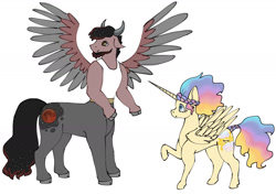 Size: 1536x1079 | Tagged: safe, artist:ukulelepineapplecat, derpibooru import, oc, oc only, alicorn, centaur, pony, alicorn oc, duo, female, horn, interspecies offspring, male, mare, offspring, parent:princess celestia, parent:princess luna, parent:tirek, raised hoof, raised leg, simple background, spread wings, story included, white background, wings