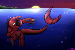 Size: 1500x1000 | Tagged: safe, artist:ashee, derpibooru import, oc, oc only, oc:red pone, hybrid, merpony, original species, shark, shark pony, bubble, clothes, crepuscular rays, fish tail, flowing tail, ocean, red and black oc, red eyes, scarf, sky, smiling, solo, stars, sun, sunlight, sunset, swimming, tail, underwater, water