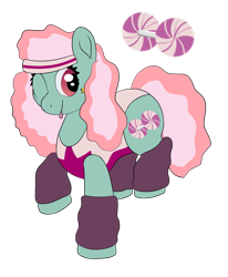 Size: 1265x1536 | Tagged: safe, artist:colorcodetheartist, derpibooru exclusive, derpibooru import, minty, clothes, cutie mark, generation leap, headband, leg warmers, one eye closed, perm, redesign, simple background, standing, standing on one leg, tongue, tongue out, transparent background, wink
