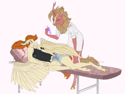 Size: 1920x1440 | Tagged: safe, artist:dementra369, derpibooru import, oc, oc only, oc:needlecure, anthro, kirin, pegasus, unguligrade anthro, acupuncture, acupuncture table, clothes, fear, female, jewelry, kirin oc, necklace, nurse outfit, ponytail, scared, shorts, smiling, spread wings, tanktop, wings