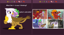 Size: 1055x571 | Tagged: safe, artist:hendro107, edit, edited screencap, editor:undeadponysoldier, screencap, garble, gilda, spike, dragon, griffon, angry, black eye, book, bullying, cute, discovery family logo, episode needed, female, grateful, grateful gilda, happy, heartwarming, hug, hurting, instant karma, karma, male, meta, nudity, open mouth, payback, ponybooru, raised arm, regret, revenge, sad, scared, simple background, smiling, spikabetes, spike justice warriors, spikeabuse, spikelove, text, threat, transparent background, vector, vector edit, warning