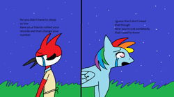 Size: 819x460 | Tagged: safe, artist:mewteorite, derpibooru import, rainbow dash, pegasus, pony, 1000 hours in ms paint, crossover, crossover shipping, crying, duo, duo female, female, margadash, margaret, meme, red jay, shipping, somebody that i used to know