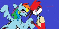 Size: 1123x551 | Tagged: safe, artist:sstupidcat, derpibooru import, rainbow dash, pegasus, pony, 1000 hours in ms paint, blushing, crossover, crossover shipping, crying, duo, duo female, female, margadash, margaret, red jay, sad smile, shipping, tattoo