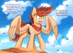 Size: 3450x2500 | Tagged: safe, artist:kaylerustone, derpibooru import, oc, oc only, oc:kayle rustone, pony, bag, clothes, cloud, dialogue, hill, looking down, male, open mouth, raised hoof, raised leg, rock, scared, scarf, spread wings, stallion, sweat, wind, wings