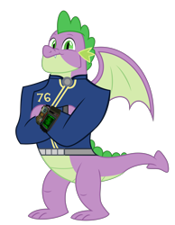 Size: 6043x7800 | Tagged: safe, artist:emeraldblast63, artist:ponygamer2020, derpibooru import, spike, dragon, fallout equestria, the last problem, absurd resolution, clothes, fallout, fallout 76, gigachad spike, jumpsuit, looking at you, male, older, older spike, pip-boy 2000 mark vi, pipboy, simple background, smiling, smiling at you, solo, transparent background, vault suit, vector, winged spike, wings