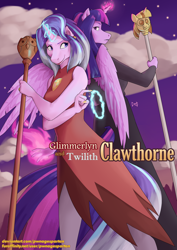 Size: 2480x3508 | Tagged: safe, artist:pwnagespartan, derpibooru import, starlight glimmer, twilight sparkle, twilight sparkle (alicorn), alicorn, anthro, unicorn, clothes, cosplay, costume, crossover, edalyn clawthorne, lilith clawthorne, owlbert, scepter, the owl house, twilight scepter