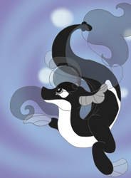 Size: 588x800 | Tagged: safe, artist:flamirasplitz, derpibooru import, oc, oc only, hybrid, orca, orca pony, original species, seapony (g4), whale, blue background, bubble, clothes, fin wings, fins, fish tail, flowing mane, flowing tail, gray eyes, ocean, see-through, simple background, solo, swimming, tail, underwater, water, wings