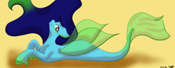Size: 1024x400 | Tagged: safe, artist:ocean-sketch, derpibooru import, oc, hybrid, merpony, pegasus, pony, seapony (g4), banner, blue mane, cute, female, fin wings, fish tail, flowing mane, flowing tail, green wings, looking at you, lying down, mermay, red eyes, seaponified, signature, simple background, smiling, smiling at you, solo, species swap, tail, unshorn fetlocks, wings, yellow background