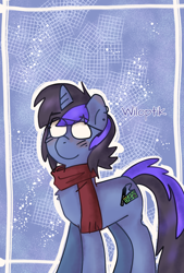 Size: 1354x2000 | Tagged: safe, artist:wiloptik, derpibooru import, oc, oc only, oc:wiloptik, pony, unicorn, clothes, ear piercing, earring, glasses, jewelry, piercing, ponysona, scarf