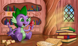 Size: 1280x756 | Tagged: safe, artist:toonlumps, derpibooru import, spike, dragon, book, gem, golden oaks library, male, scroll, sitting, solo, window