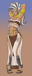 Size: 856x2000 | Tagged: safe, alternate version, artist:dustbunnypictures, derpibooru import, zecora, human, abstract background, arm behind head, armpits, clothes, dark skin, ear piercing, earring, female, humanized, jewelry, midriff, neck rings, pants, piercing, sandals, solo, tattoo