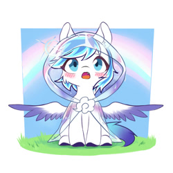 Size: 1000x1000 | Tagged: artist needed, safe, derpibooru import, oc, oc only, oc:canicula, pegasus, pony, clothes, fangs, grass, open mouth, rainbow, simple background, solo