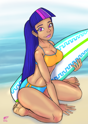 Size: 900x1273 | Tagged: safe, artist:dustbunnypictures, derpibooru import, twilight sparkle, human, 2020, barefoot, beach, bikini, breasts, clothes, dark skin, feet, female, humanized, kneeling, outdoors, signature, smiling, solo, surfboard, swimsuit