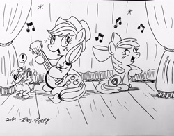 Size: 3561x2790 | Tagged: safe, artist:debmervin, derpibooru import, apple bloom, applejack, banjo, black and white, grayscale, mervin mouse, monochrome, musical instrument, singing, stage