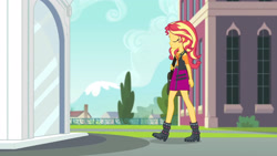 Size: 3410x1920 | Tagged: safe, derpibooru import, screencap, sunset shimmer, better together, equestria girls, forgotten friendship, bag, boots, canterlot high, clothes, cutie mark, cutie mark on clothes, eyes closed, female, geode of empathy, jacket, leather, leather jacket, magical geodes, shoes, solo, statue, walking