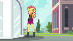 Size: 3410x1920 | Tagged: safe, derpibooru import, screencap, sunset shimmer, better together, equestria girls, forgotten friendship, bag, boots, canterlot high, clothes, cutie mark, cutie mark on clothes, eyes closed, female, geode of empathy, jacket, leather, leather jacket, magical geodes, shoes, solo, statue, walking