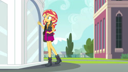 Size: 3410x1920 | Tagged: safe, derpibooru import, screencap, sunset shimmer, better together, equestria girls, forgotten friendship, bag, boots, canterlot high, clothes, cutie mark, cutie mark on clothes, female, geode of empathy, jacket, leather, leather jacket, magical geodes, shoes, solo, statue, walking