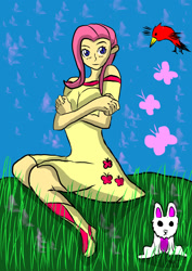 Size: 1240x1754 | Tagged: safe, artist:foxgearstudios, derpibooru import, fluttershy, bird, human, rabbit, animal, boots, breasts, clothes, crossed arms, dress, female, grass, hootershy, humanized, shoes, sitting, solo