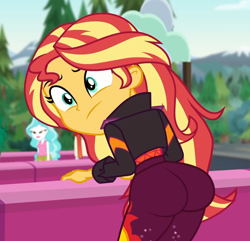 Size: 842x813 | Tagged: safe, artist:wanderingeditor, derpibooru import, edit, edited screencap, screencap, paisley, sunset shimmer, better together, equestria girls, sunset's backstage pass!, ass, barrier, bent over, bunset shimmer, butt, butt edit, clothes, cropped, female, jacket, large butt, music festival outfit, outdoors, solo