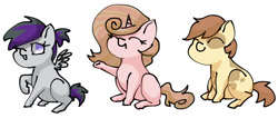 Size: 1536x653 | Tagged: safe, artist:ukulelepineapplecat, derpibooru import, oc, oc only, earth pony, pegasus, pony, unicorn, colt, earth pony oc, eyes closed, female, filly, horn, male, offspring, one eye closed, parent:apple bloom, parent:button mash, parent:pipsqueak, parent:rumble, parent:scootaloo, parent:sweetie belle, parents:pipbloom, parents:rumbloo, parents:sweetiemash, pegasus oc, simple background, smiling, unicorn oc, white background, wings, wink