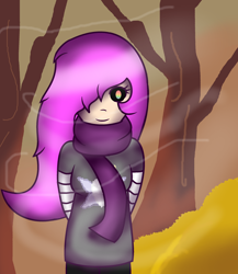 Size: 2384x2752 | Tagged: safe, artist:aonairfaol, derpibooru import, oc, oc only, human, black sclera, clothes, eyelashes, female, hair over one eye, humanized, outdoors, scarf, smiling, solo