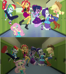 Size: 1280x1428 | Tagged: safe, artist:dashex18, derpibooru import, edit, edited screencap, screencap, applejack, fluttershy, rainbow dash, rarity, sci-twi, sunset shimmer, twilight sparkle, do it for the ponygram!, equestria girls, equestria girls series, spoiler:eqg series (season 2), 3d, boots, clothes, comparison, converse, cowboy hat, cutie mark, hat, jumping, recreation, remake, scared, shoes, source filmmaker