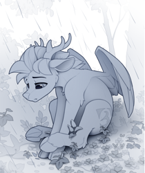 Size: 900x1069 | Tagged: safe, artist:yakovlev-vad, derpibooru import, oc, oc:arny, deer, deer pony, original species, peryton, forest, monochrome, rain, sad