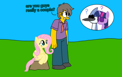 Size: 1096x690 | Tagged: safe, artist:haileykitty69, derpibooru import, fluttershy, twilight sparkle, human, pegasus, pony, crossover shipping, female, fluttermour, male, mare, mordecai, mordetwi, regular show, seymour skinner, shipping, sitting, the simpsons