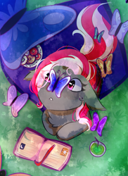 Size: 1075x1478 | Tagged: safe, artist:kisselmr, derpibooru import, oc, oc:miabat, bat pony, butterfly, bat pony oc, book, donut, food