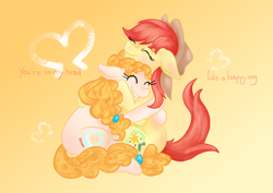 Size: 2039x1446 | Tagged: artist needed, safe, derpibooru import, bright mac, pear butter, earth pony, pony, blushing, brightbutter, cute, ears, female, floppy ears, half r63 shipping, happy, hat, hug, lesbian, love, mare, pearabetes, rule 63, shipping