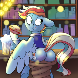 Size: 1500x1500 | Tagged: safe, artist:northernlightsone, derpibooru import, bow hothoof, gentle breeze, oc, oc:creamy clouds, pegasus, pony, alcohol, background, bar, beer, burger, butt, clothes, collar, commissioner:bigonionbean, counter, cutie mark, eating, flank, foam, food, fusion, fusion:creamy clouds, hay burger, implied weight gain, lights, male, mug, nom, plot, seat, shirt, sitting, stallion, unamused, writer:bigonionbean