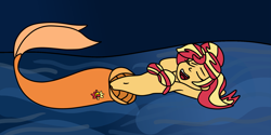 Size: 1999x1000 | Tagged: safe, artist:jadethepegasus, derpibooru import, sunset shimmer, mermaid, fanfic:sunset shimmer discovers her feet, equestria girls, belly button, bra, crossover, cute, fanfic, fanfic art, female, mermaid tail, mermaidized, seashell bra, shimmerbetes, solo, species swap, the little mermaid, underwater, underwear