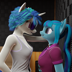 Size: 1440x1440 | Tagged: safe, artist:stellarator, derpibooru import, dj pon-3, sonata dusk, vinyl scratch, oc, anthro, unguligrade anthro, comic:we will be adored, comic:we will be adored part 17, 3d, blender, breasts, comic, cycles, female, kabedon, lesbian, not sfm