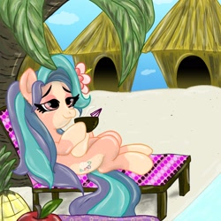 Size: 1600x1600 | Tagged: safe, artist:star14131, derpibooru import, oc, oc only, earth pony, pony, beach, coconut cup, female, hoof on belly, lounge chair, relaxing, solo