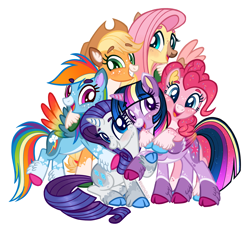 Size: 2048x1901 | Tagged: safe, artist:wanderingpegasus, derpibooru import, edit, applejack, fluttershy, pinkie pie, rainbow dash, rarity, twilight sparkle, twilight sparkle (alicorn), alicorn, earth pony, pegasus, pony, unicorn, alternate hairstyle, applejack's hat, blushing, clothes, cloven hooves, coat markings, cowboy hat, female, freckles, grin, hat, hug, mane six, mane six opening poses, mare, open mouth, redesign, simple background, smiling, unshorn fetlocks, white background