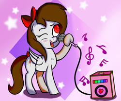 Size: 1200x1000 | Tagged: artist needed, safe, derpibooru import, oc, oc:whisper hope, pegasus, pony, bow, female, hair bow, mare, microphone, one eye closed, simple background, singing, solo, tail bow