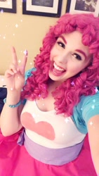 Size: 540x960 | Tagged: safe, artist:maddymoiselle, derpibooru import, pinkie pie, human, equestria girls, breasts, clothes, cosplay, costume, irl, irl human, open mouth, open smile, peace sign, photo, smiling