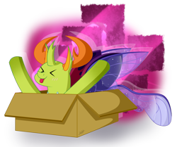 Size: 1500x1252 | Tagged: safe, artist:thebenalpha, derpibooru import, thorax, changedling, changeling, :p, cardboard box, changeling in a box, commission, cute, eyes closed, glow, happy, king thorax, simple background, smiling, solo, spread wings, thorabetes, tongue, tongue out, transparent background, wings, ych result