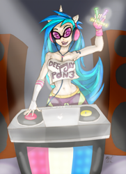 Size: 868x1200 | Tagged: safe, artist:dustbunnypictures, derpibooru import, dj pon-3, vinyl scratch, human, clothes, evening gloves, female, fingerless elbow gloves, fingerless gloves, gloves, glowstick, horn, horned humanization, humanized, indoors, long gloves, midriff, smiling, solo, sunglasses, turntable