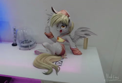 Size: 1217x826 | Tagged: safe, artist:nebulafactory, artist:v747, derpibooru import, derpy hooves, pegasus, pony, coffee, harman kardon soundsticks, irl, photo, ponies in real life, solo, visual effects of awesome