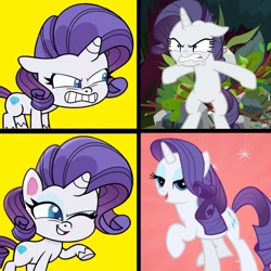 Size: 1300x1300 | Tagged: safe, derpibooru import, edit, edited screencap, screencap, mean rarity, rarity, pony, unicorn, bad thing no. 3, friendship is magic, my little pony: pony life, the mean 6, angry, antagonist, bipedal, clone, drama, ears, floppy ears, gritted teeth, hotline bling, meme, one eye closed, pursuit, rage, rarirage, simple background, villains of equestria, wink, yellow background