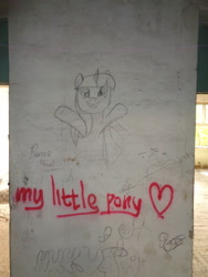 Size: 1944x2592 | Tagged: safe, derpibooru import, twilight sparkle, pony, graffiti, hug, monochrome, photo, smiling, solo