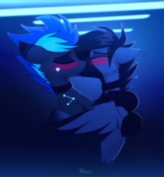 Size: 3816x4114 | Tagged: safe, artist:fenixdust, derpibooru import, oc, oc only, oc:fenix, oc:vibrant star, earth pony, pegasus, pony, blushing, clothes, collar, gay, kissing, male, socks