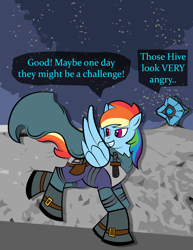 Size: 2550x3300 | Tagged: safe, artist:vareb, derpibooru import, rainbow dash, ghost, pegasus, pony, undead, cape, clothes, crossover, destiny, destiny (game), gun, knife, moon, running, smiling, solo, text, weapon