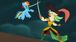 Size: 1280x720 | Tagged: safe, derpibooru import, screencap, captain celaeno, rainbow dash, bird, parrot, pegasus, pony, g4, my little pony: the movie, cloud, cloudy, cutlass, duo, female, flying, mare, netflix, official, pirate, swashbuckler, sword, weapon